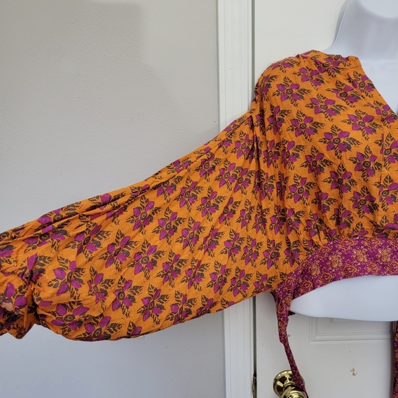 NWOT Rachel Roy Orange Purple Cropped Ruched Waist Tie Long Sleeve Blouse M - Picture 4 of 10